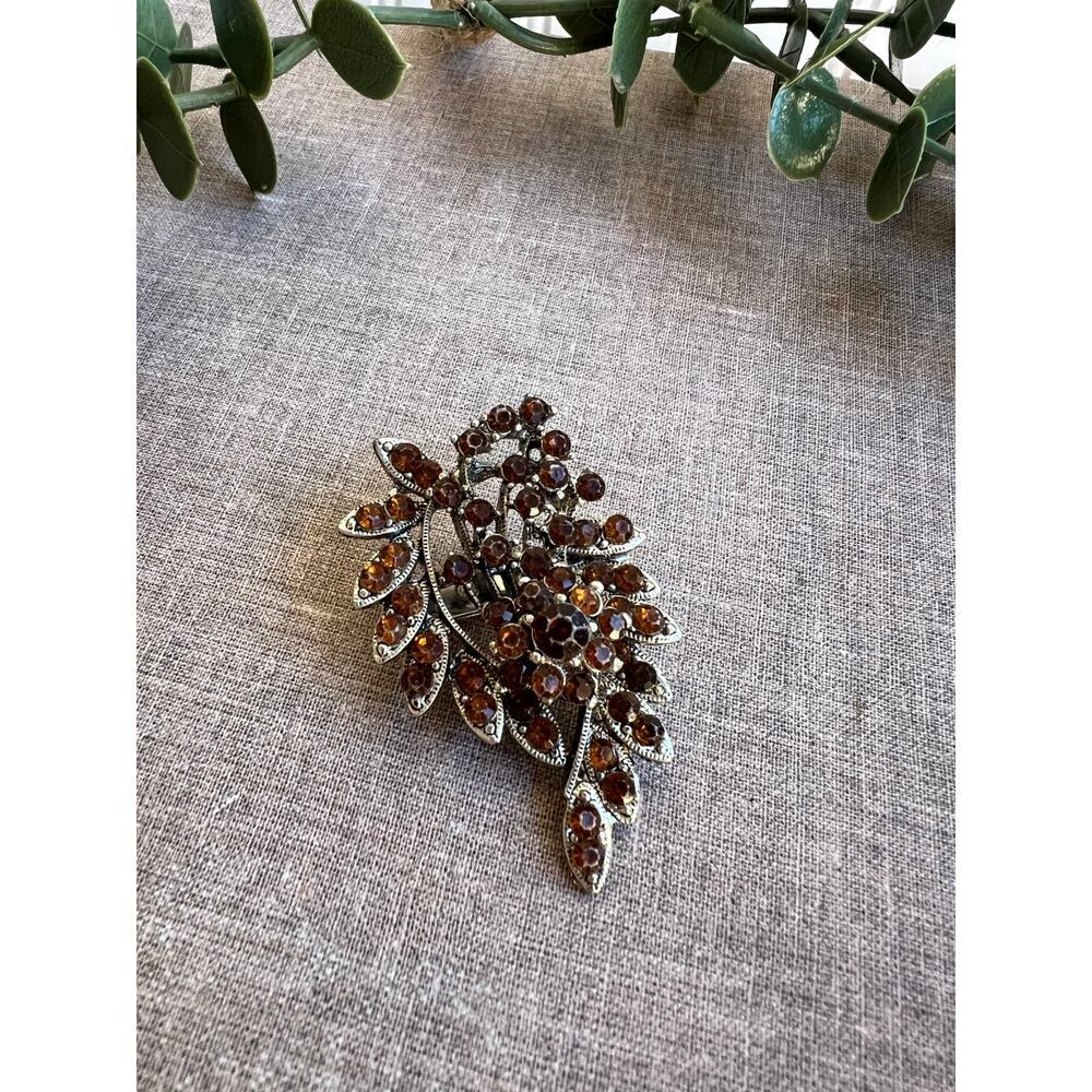 Vintage Rhinestone Brooch Rose | Amber and Champagne Colored Antique Leaf Pin